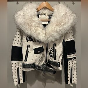NWT Bellivera Faux Leather biker 
Jacket with detachable faux fur collar